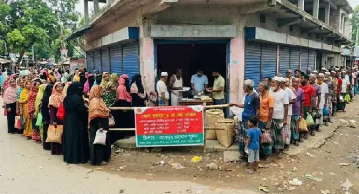 দীর্ঘ লাইনে দাঁড়িয়েও ওএমএসের চাল ও আটা মিলছে না ফেনীতে