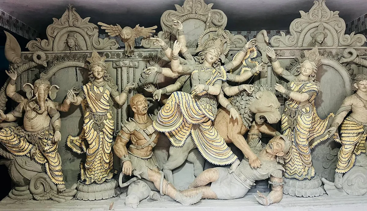 Satkhira artisans craft unique Durga idol using matchsticks and silk thread