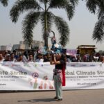 Youth participation in climate strike in the capital. Demonstration of plastic monsters to demand a world free of fossil fuels.