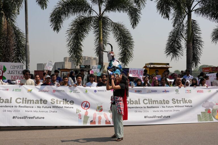 Youth participation in climate strike in the capital. Demonstration of plastic monsters to demand a world free of fossil fuels.