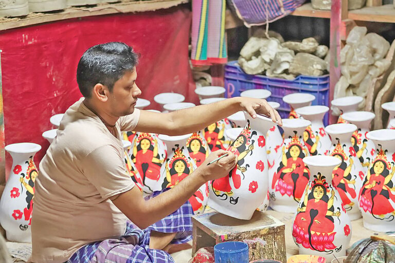 Barisal artisan preserves fading tradition of crafting clay vessels for Mansa Puja