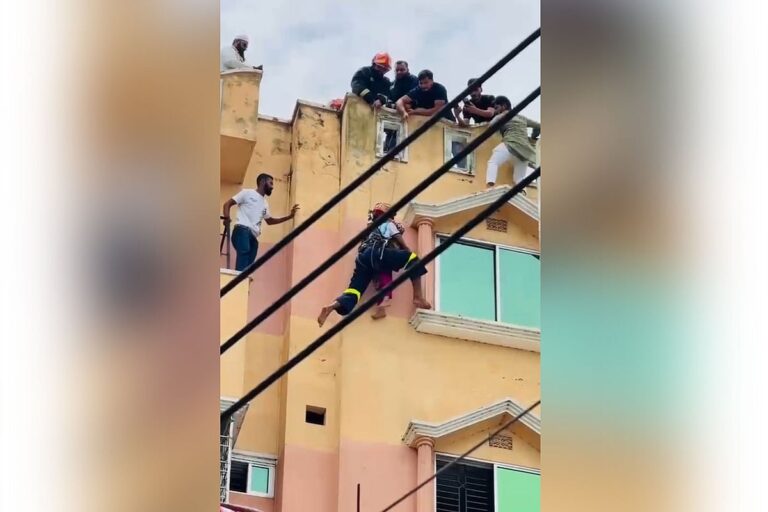 Feni Fire Service Rescues Young Madrasa Student Stranded on Fifth-Floor Ledge