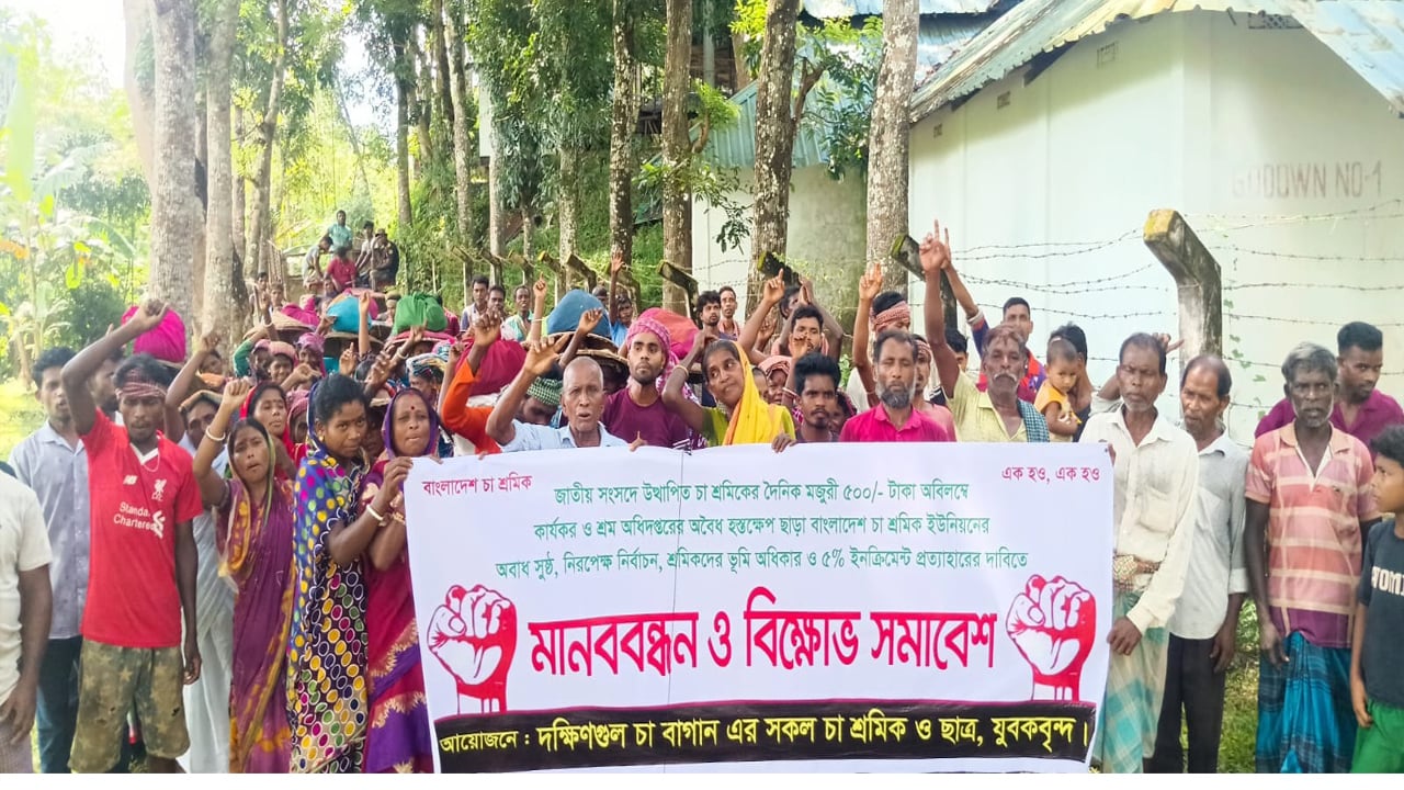 মৌলভীবাজারে চা শ্রমিকদের পাঁচ দফা দাবিতে বিক্ষোভ ও মানববন্ধন