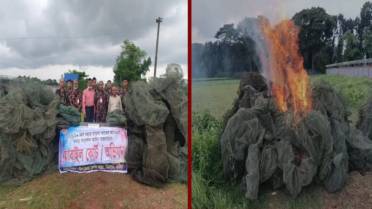 দৌলতপুর সীমান্তে বিজিবির অভিযানে সাড়ে ৫ কোটি টাকার অবৈধ জাল ও মাদক জব্দ