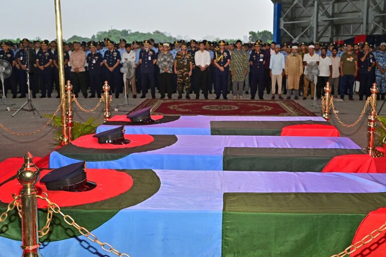 Three Bangladesh Air Force Personnel Killed in Road Accident Honored with Military Funeral in Dhaka
